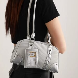 UR高級感銀色保齡球包女2潮百搭氣質腋下包休閒單肩手提包