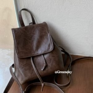 Greenday復古棕色小雙肩包百搭高級感包包迷你抽繩背包軟皮單肩包