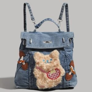 41 UR可愛卡通小熊牛仔布雙肩包女簡約百搭大容量通勤托特包