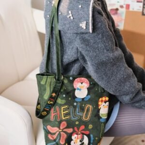 完美款款森系企鵝插畫可愛小眾休閒時尚單肩可斜挎加長水桶帆布包