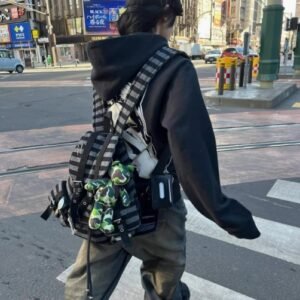 newjeans同款韓國雙肩包小眾設計拼色條紋機能羊毛雙肩書包休閒包