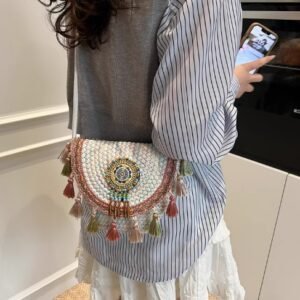 夏季海邊度假森系編織包女新款波西米亞民族風斜挎草編手機包