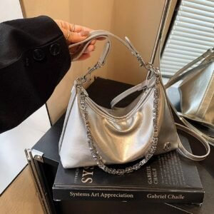 銀色腋下包包女式新款大容量高級感通勤托特包鏈條單肩斜挎包