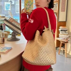松弛感香檳金色編織托特包包女大容量通勤單肩水桶包