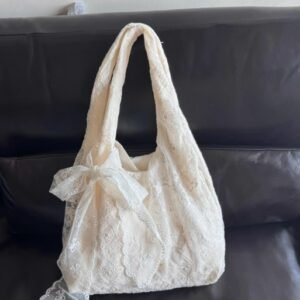 韓系小清新蕾絲花朵帆布包女新款大容量單肩托特包通勤腋下包